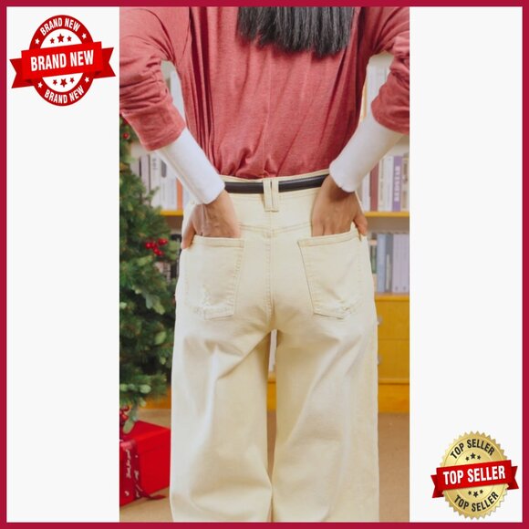 High Waisted Cropped Jeans Stretchy Baggy Straight Leg Raw Hem Denim Pants - Picture 7 of 7